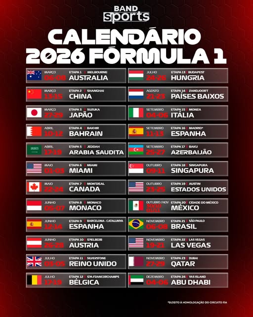 CALENDÁRIO 2026 DA F1